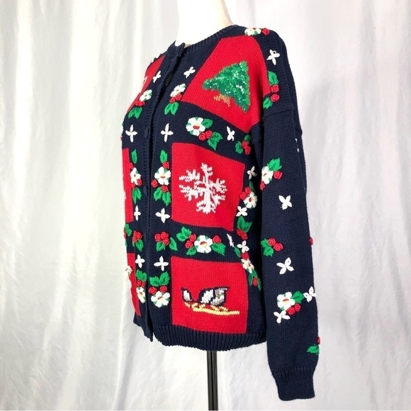 Vintage early 90s Christmas sweater intarsia embroidered navy red white scenic M - Picture 3 of 10